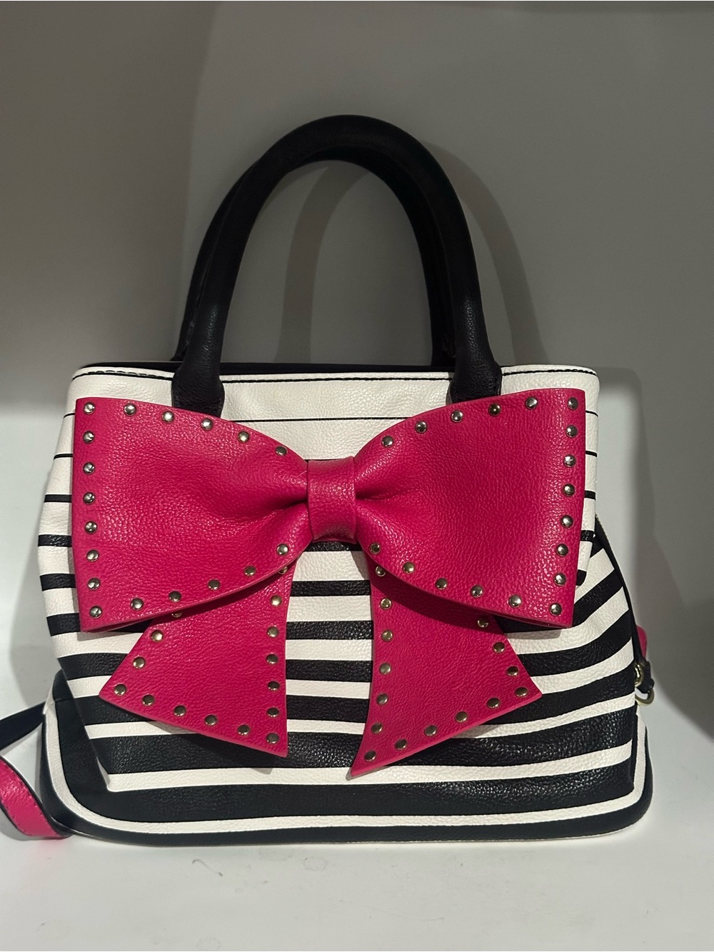 Betsey Johnson Black and White Striped Satchel with Hot Pink Bow